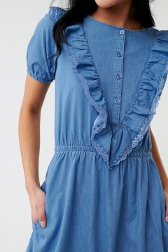 Womens denim ruffle trim modest dress